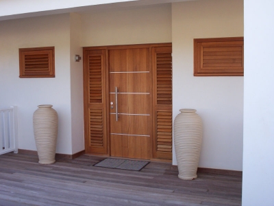 Entrance door, swing with fixed and operable louver sidelites